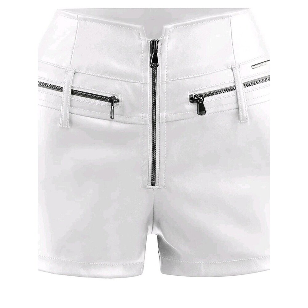 Sexy White Faux Leather Hight Waisted Zipper Shorts Size S
